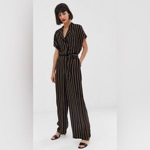 NWOT black and tan stripe jumpsuit with waist tie